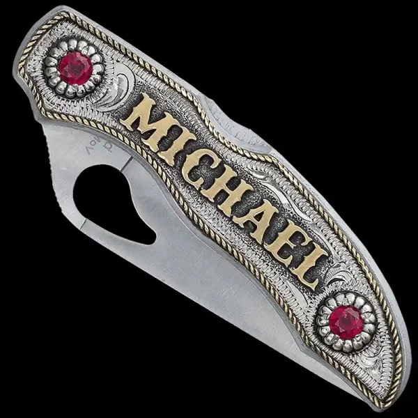 The Enduring Trail Custom knife is crafted on a Spyderco Byrd knife with hand-engraved German Silver, CZ stones & bronze rope edge. Add your lettering or logo.